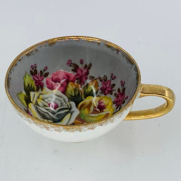 HB China Tea Cup Floral 2191 White Iridescent Gold Trim Gray Lusterware Roses - Picture 6 of 6